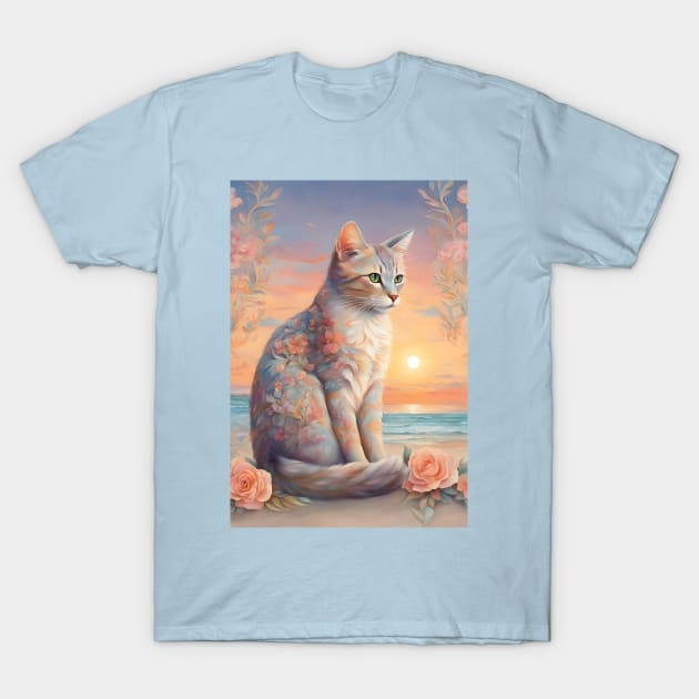 Floral Pastel Cat With Beach Sunset T-Shirt by Art-Jiyuu